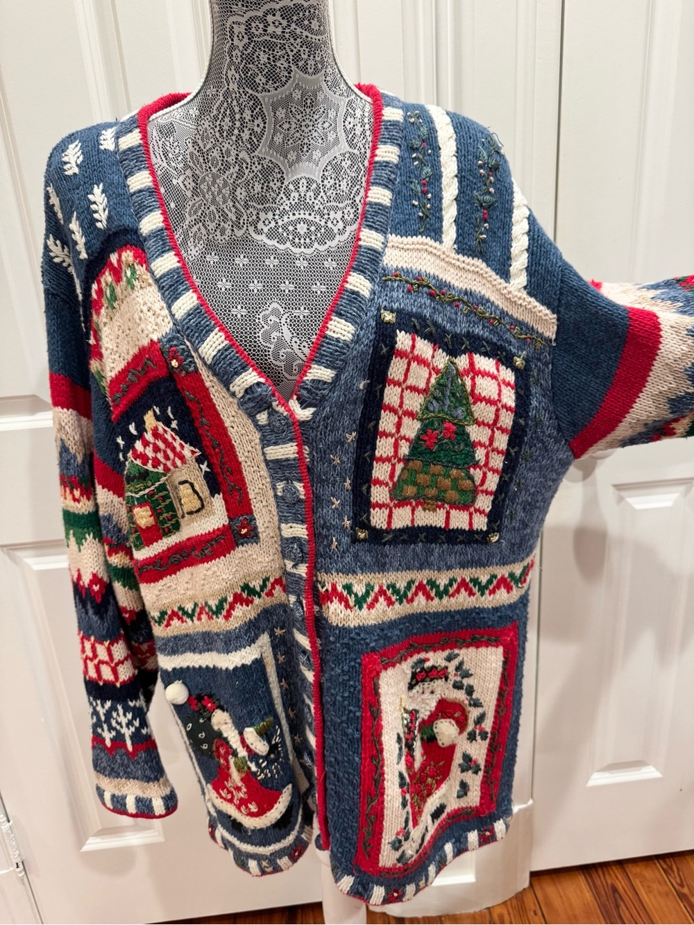 Festive Blue Christmas Patchwork Cardigan Sweater Sz 22/24 Cottagecore Holiday